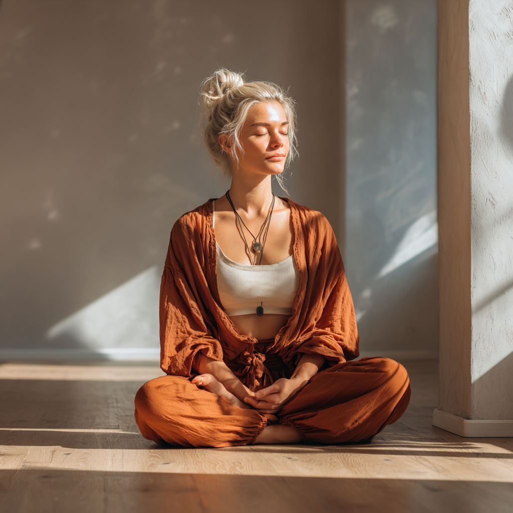 Žena cvičí na pláži při východu slunce, symbolizující energii a vitalitu